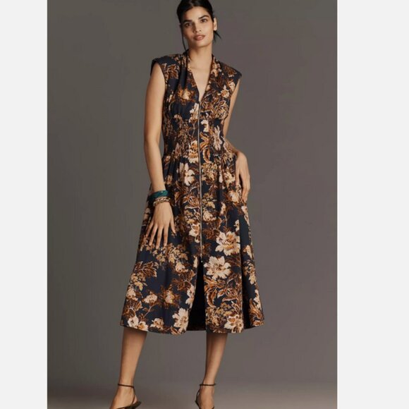 Anthropologie The Tommie Zip-Front Midi Dress Size M NWT Medium Navy Floral